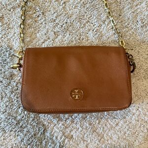 Tory Burch Tan Leather Crossbody Bag with Gold Chain